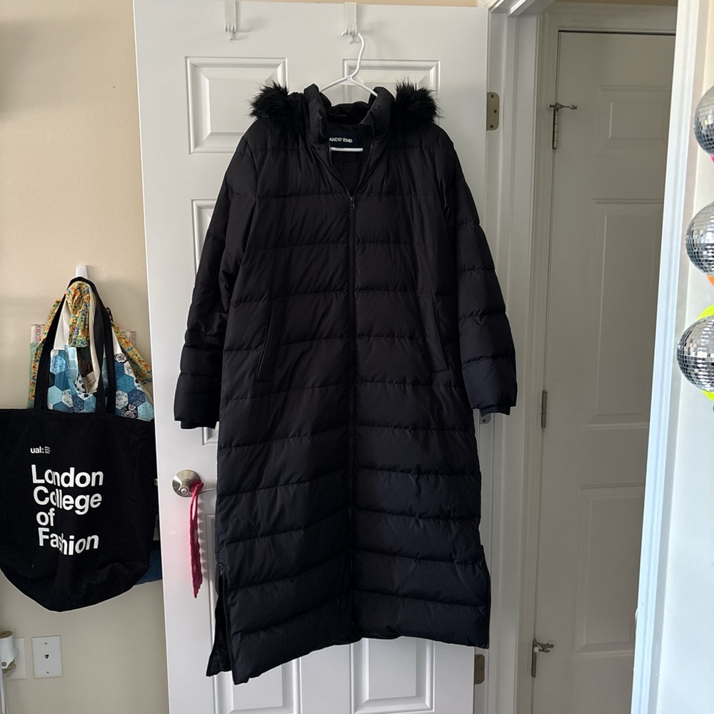Lands' End Black Long Puffer Coat with Faux Fur